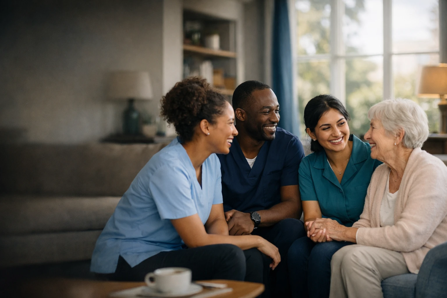 Care professionals sharing a warm moment with an older adult in a comfortable home setting