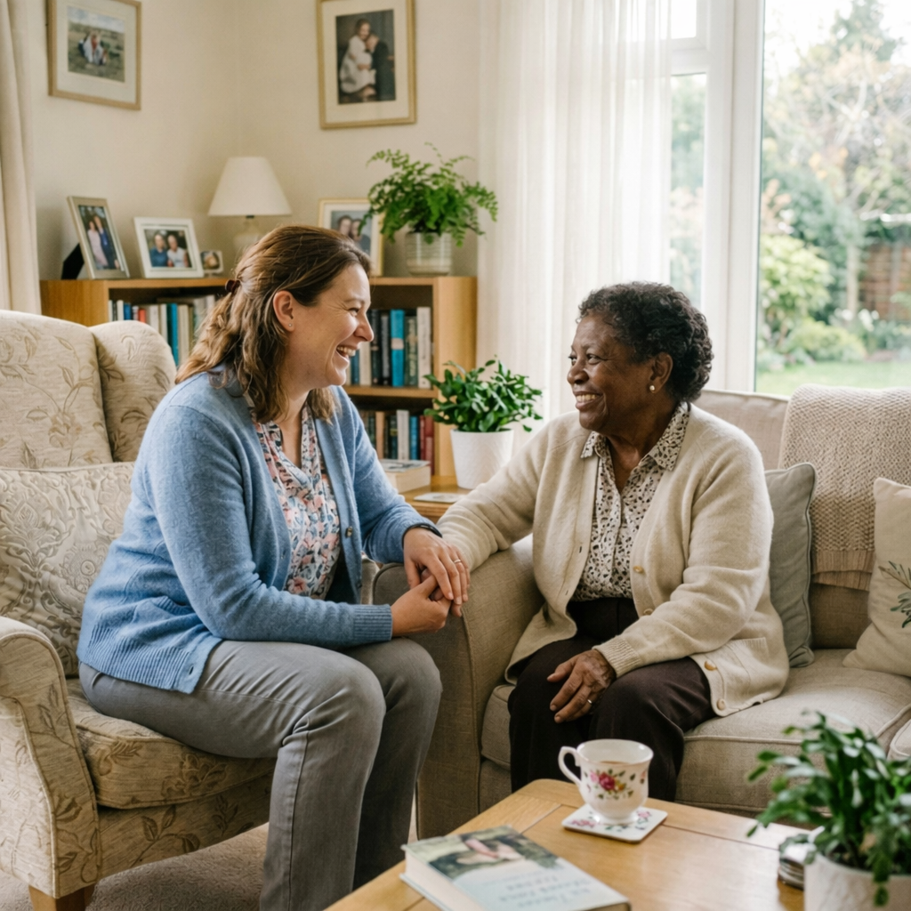 A compassionate caregiver sharing a warm moment with an elderly person in a sunlit living room