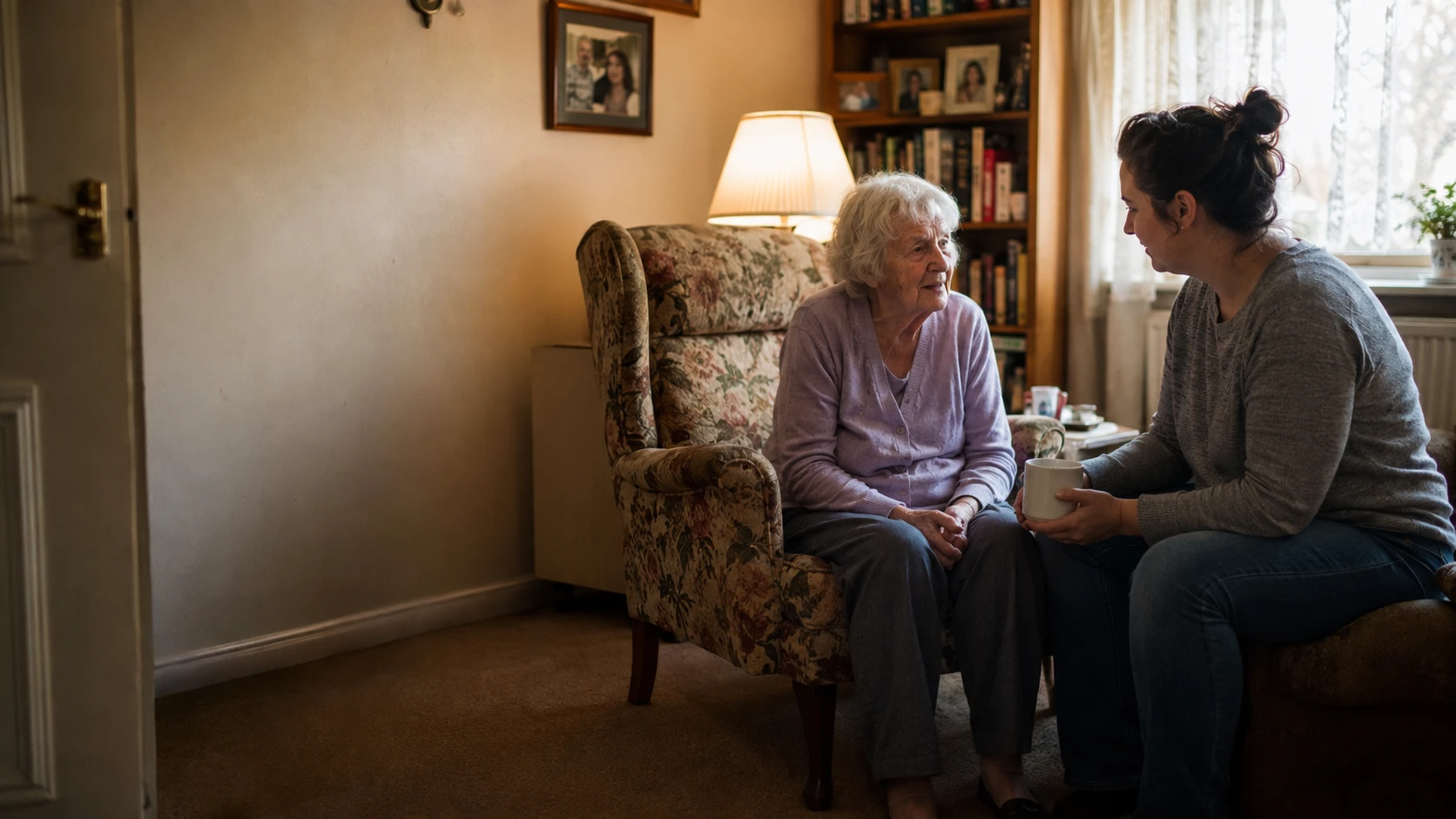 A carer sitting with an older woman in her living room, sharing a cup of tea
