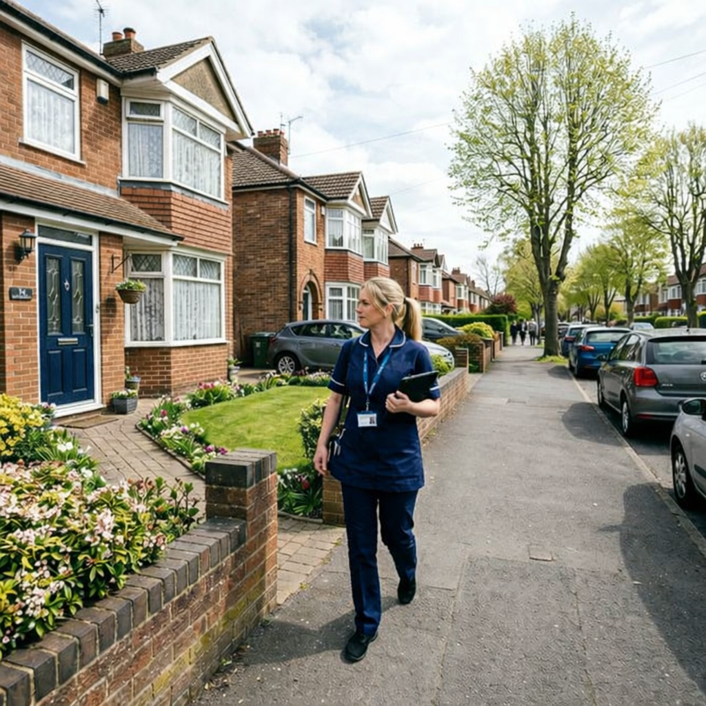 A professional care worker arriving at a UK home with a tablet