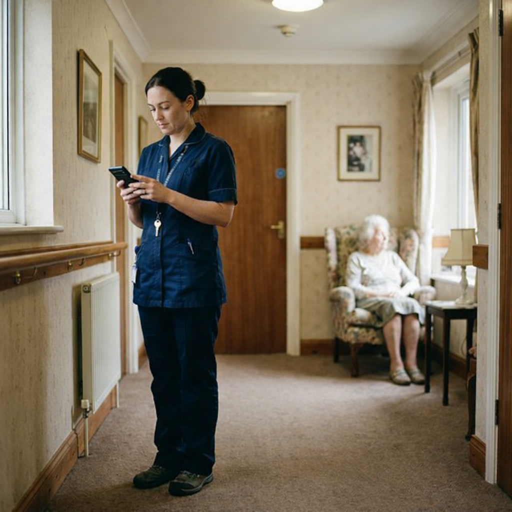 A care professional checking the Heems app in a UK home setting